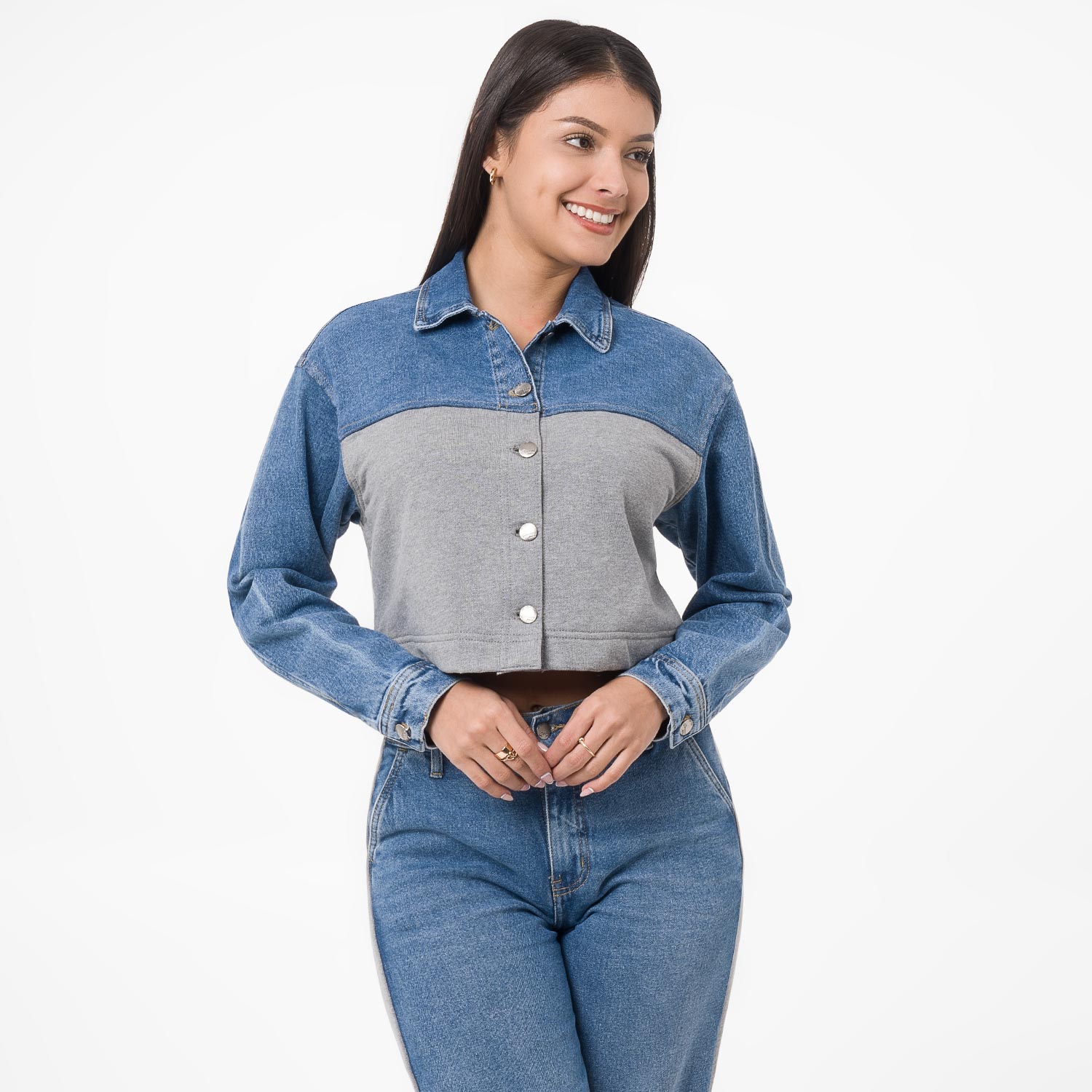 Casaca Crop Denim/Franela Tunen Cristal/Melange Goccos